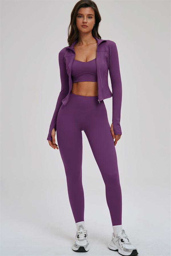 Fitglutes Activewear 3-piece set with kinetic zip jacket, cross-back sports bra, and matching leggings for gym and workout.