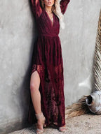 Floral lace high-slit maxi dress by Trendsi featuring intricate lace details and a flowing elegant evening gown silhouette.