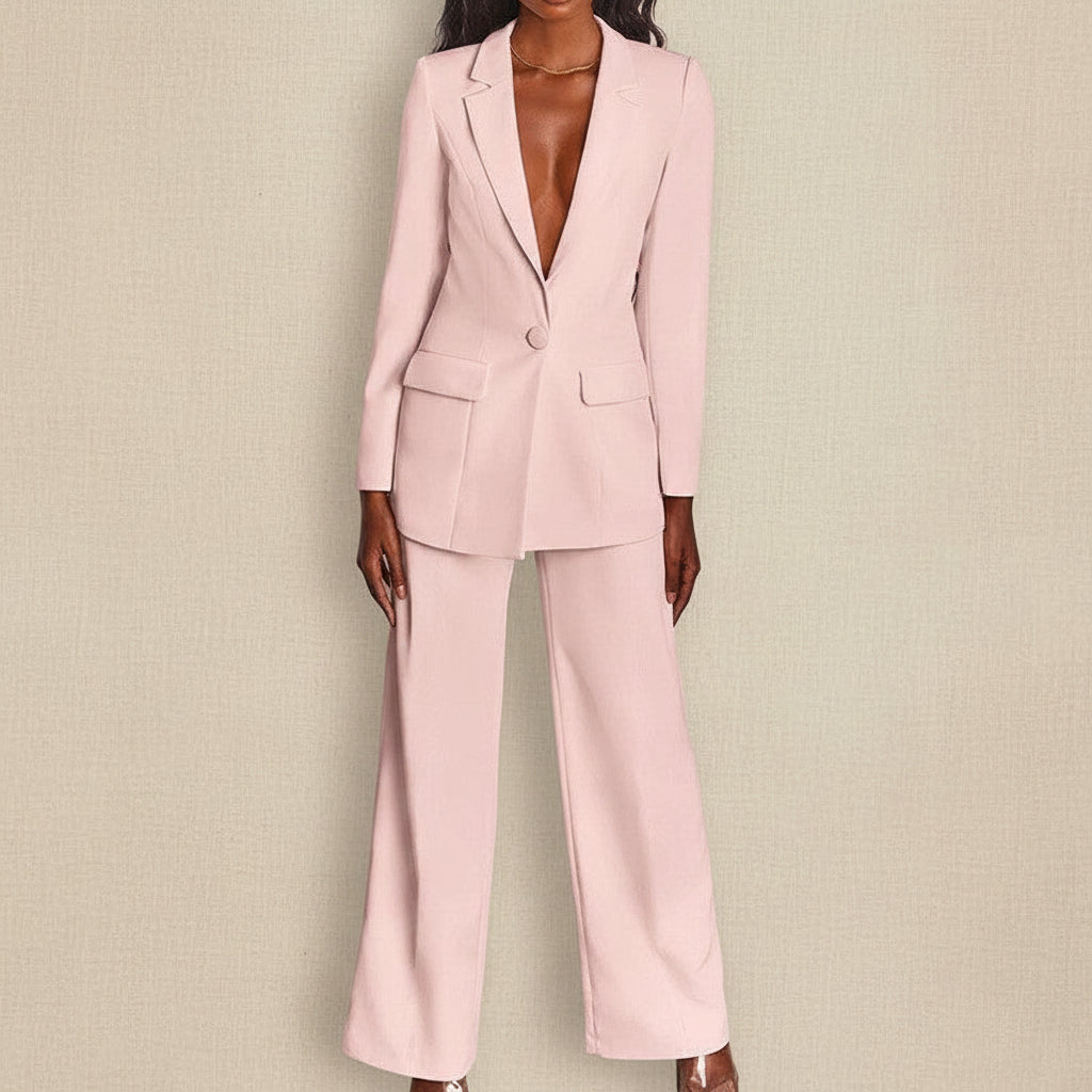 FitiqueFit two-piece blazer and straight-leg trousers suit, featuring a lapel button-down blazer and matching tailored trousers.