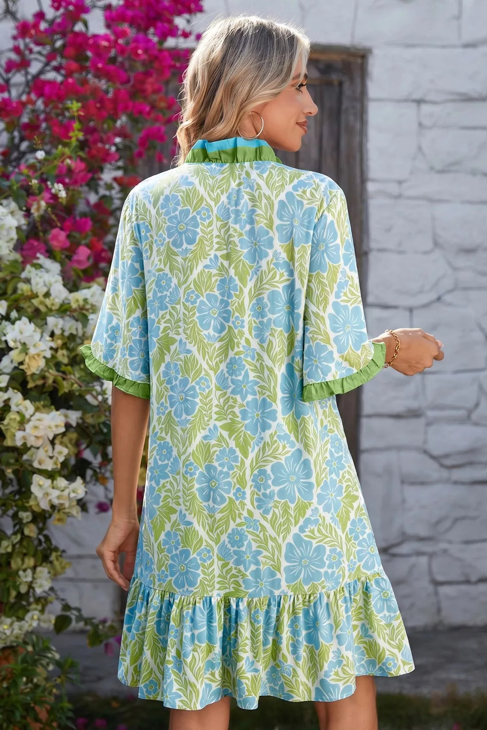 Floral print ruffle hem button-up mini dress by Plush Fashion Hub featuring a fitted silhouette and vibrant floral pattern.