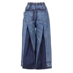 Street Style Elastic Drawstring Pleated Color-Blocked Wide Leg Cropped Jeans