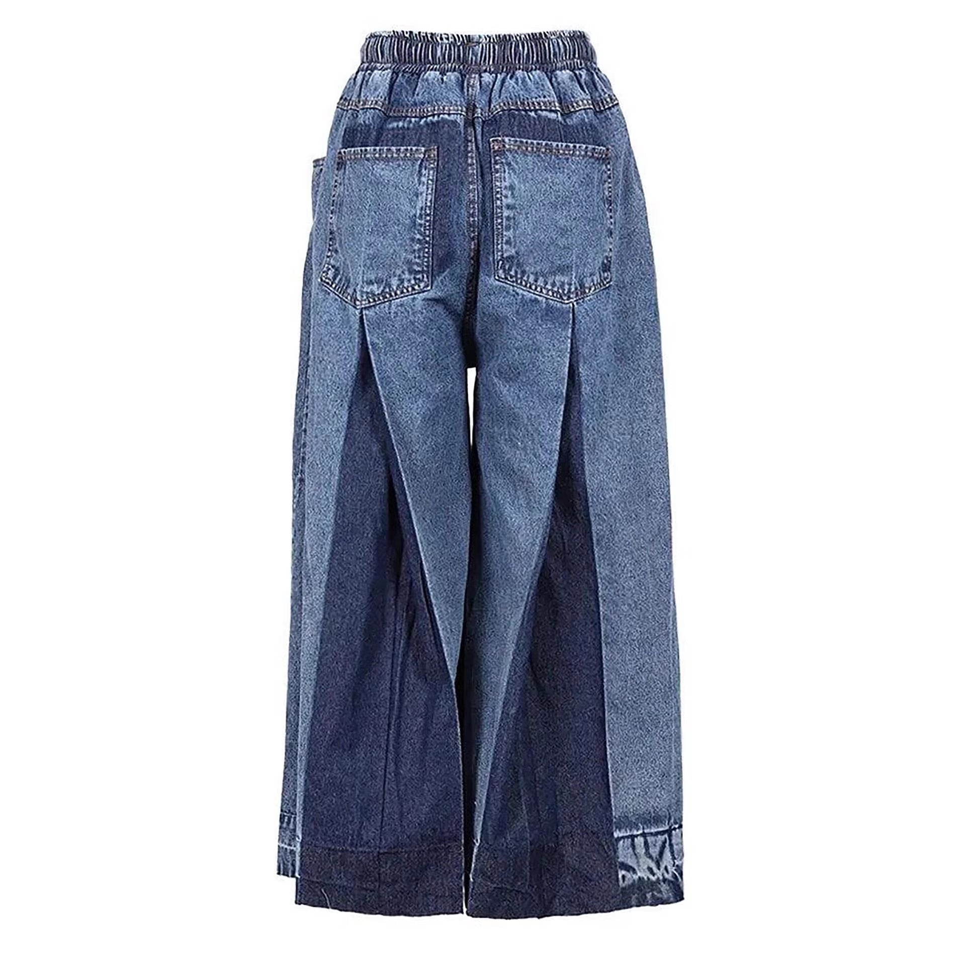 Street Style Elastic Drawstring Pleated Color-Blocked Wide Leg Cropped Jeans