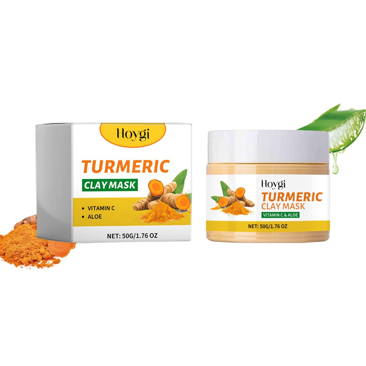 Hoygi turmeric clay mask jar and box with turmeric roots, powder, and aloe vera graphics.
