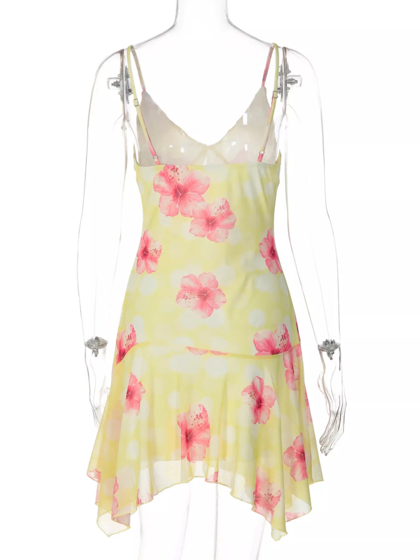 Sheer floral print sleeveless asymmetrical mini dress by Shopimist, featuring a flowy design and vibrant flower patterns.