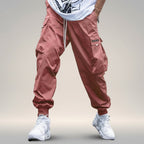 Men’s multi-pocket drawstring cargo pants by Plush Fashion Hub, streetwear style with multiple pockets and adjustable drawstring waist.