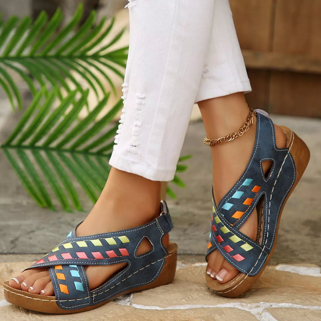 Open toe wedge sandals by Shopimist featuring a stylish design with a comfortable cork heel and ankle strap.