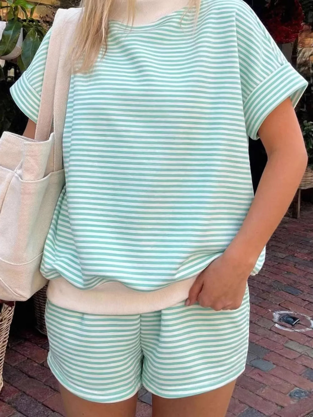 Plus size Shopimist striped round neck tee and shorts set, casual two-piece summer outfit with colorful horizontal stripes.