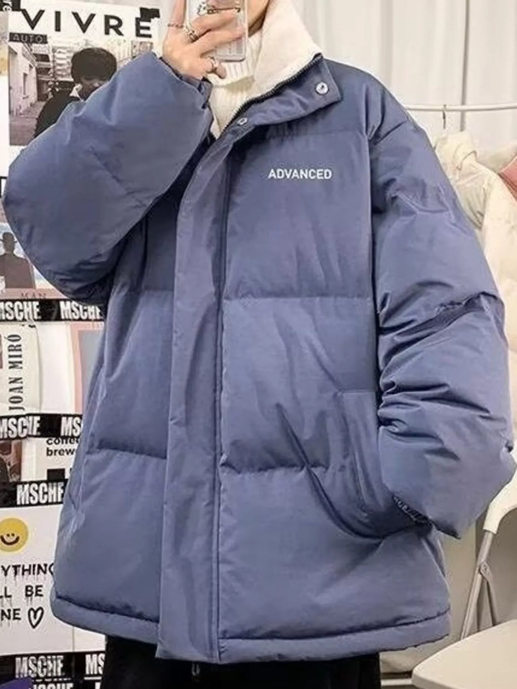 Plus size men's quilted puff jacket with snap-down front from Shopimist, featuring a padded, quilted design for warmth and style.