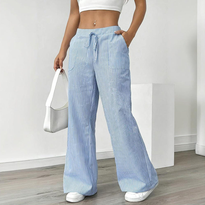 Women's striped print wide-leg casual pants with pockets, straight fit and long design by FitiqueFit.