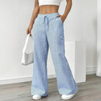 Women's striped print wide-leg casual pants with pockets, straight fit and long design by FitiqueFit.