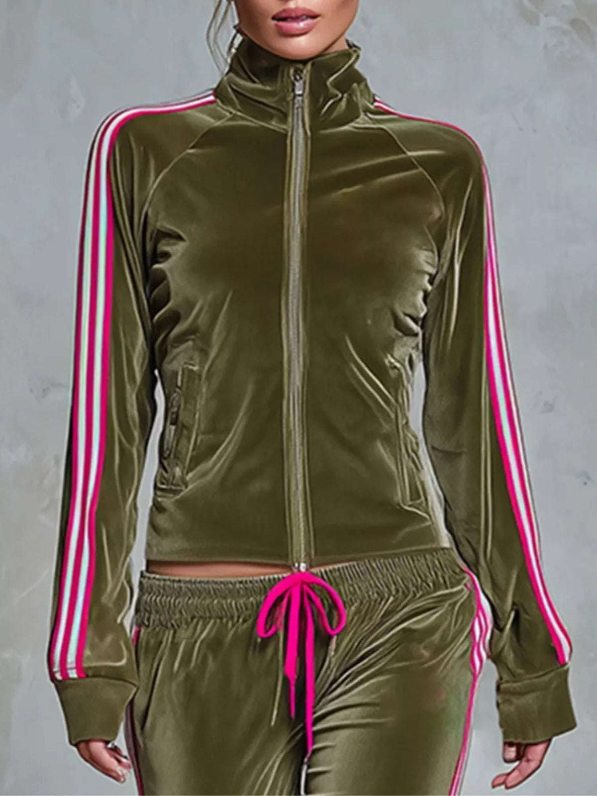 Striped zip-up outerwear and pants matching set by Trendsi, featuring a stylish design and comfortable fit.