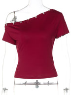 Women's fitted one-shoulder T-shirt with button accents, stylish and casual, by Trendsi.