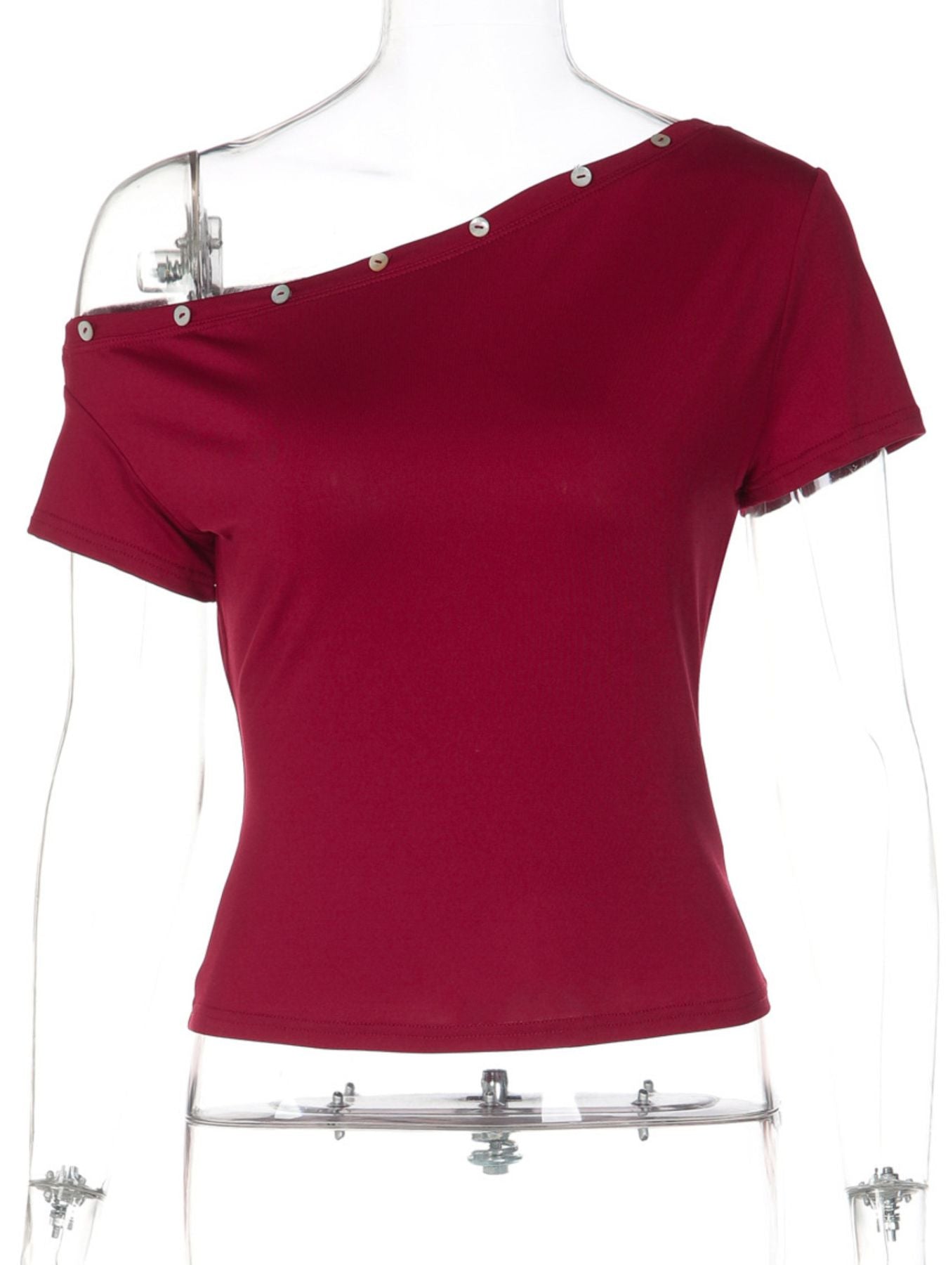 Women's fitted one-shoulder T-shirt with button accents, stylish and casual, by Trendsi.