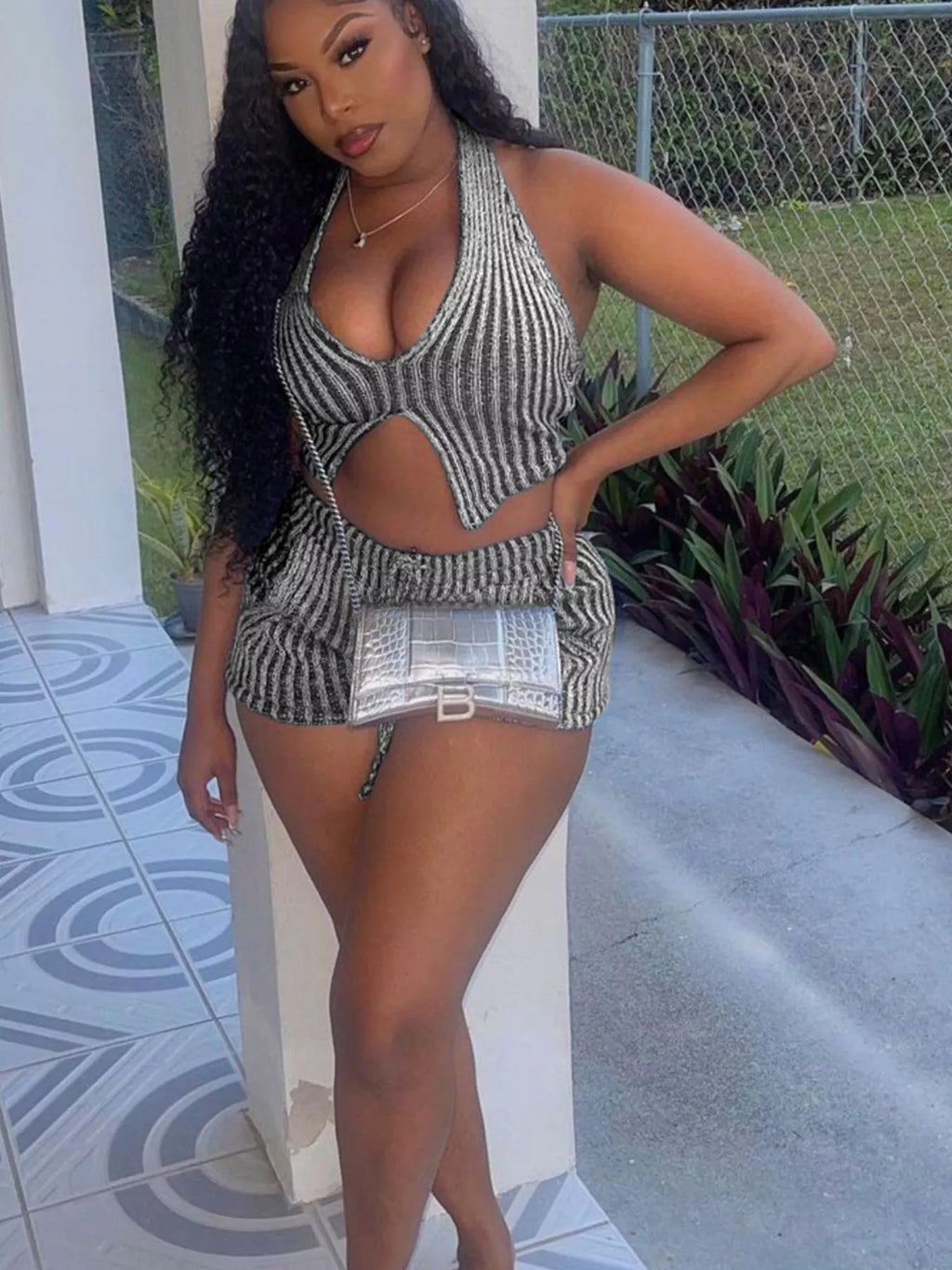 Shopimist halter neck top and shorts sweater set, two-piece outfit with a cozy knit design and stylish fit, perfect for casual wear.