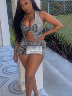 Shopimist halter neck top and shorts sweater set, two-piece outfit with a cozy knit design and stylish fit, perfect for casual wear.