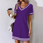 Women's contrast-color V-neck A-line dress by FitiqueFit featuring short sleeves and elegant mid-rise style.