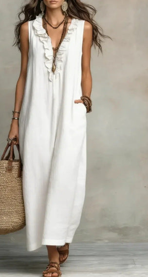 Elegant women's spring and summer dress with ruffles and pockets by Plush Fashion Hub, shown in a stylish flowy design.