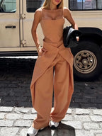 Camel spaghetti strap corset top and wide-leg pants set by FitiqueFit, casualwear, showing the fitted top and flowy pants.