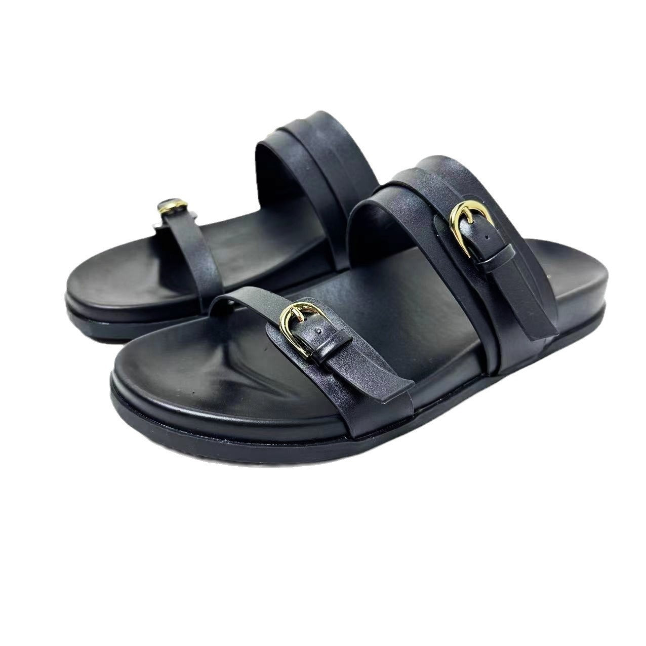 Plush Fashion Hub Coastal Chic buckle-detail platform sandals with open toes and chunky heels on a neutral background.