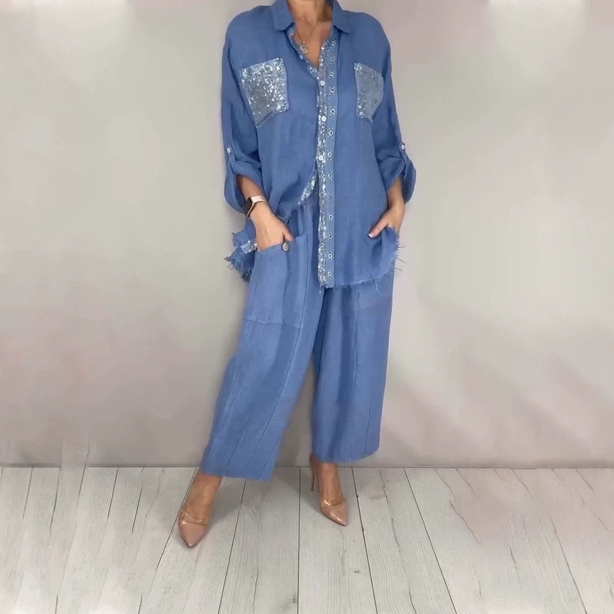 Eprolo women's casual jumpsuit with pocket placket and gold-embellished round neck, stylish and comfortable for everyday wear.