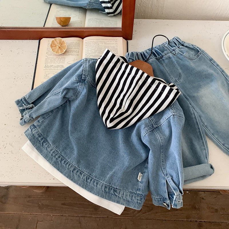 Blue denim outfit set with a striped hooded jacket, white hem, and matching jeans.