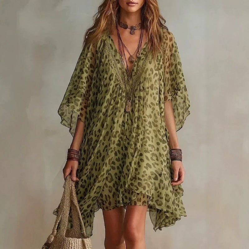 Eprolo V-neck chiffon dress with leopard print, beach cover shirt, perfect as a beach vacation skirt, flowy and stylish.