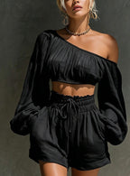 Women’s one-shoulder ruched crop top and high-waist shorts set by Plush Fashion Hub, featuring stylish design and comfortable fit.