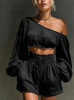 Shoulder long sleeved short top+high waisted casual shorts set for women