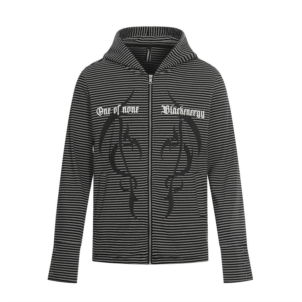 Black and grey striped zip-up hoodie featuring black graphic prints and white text across the chest.
