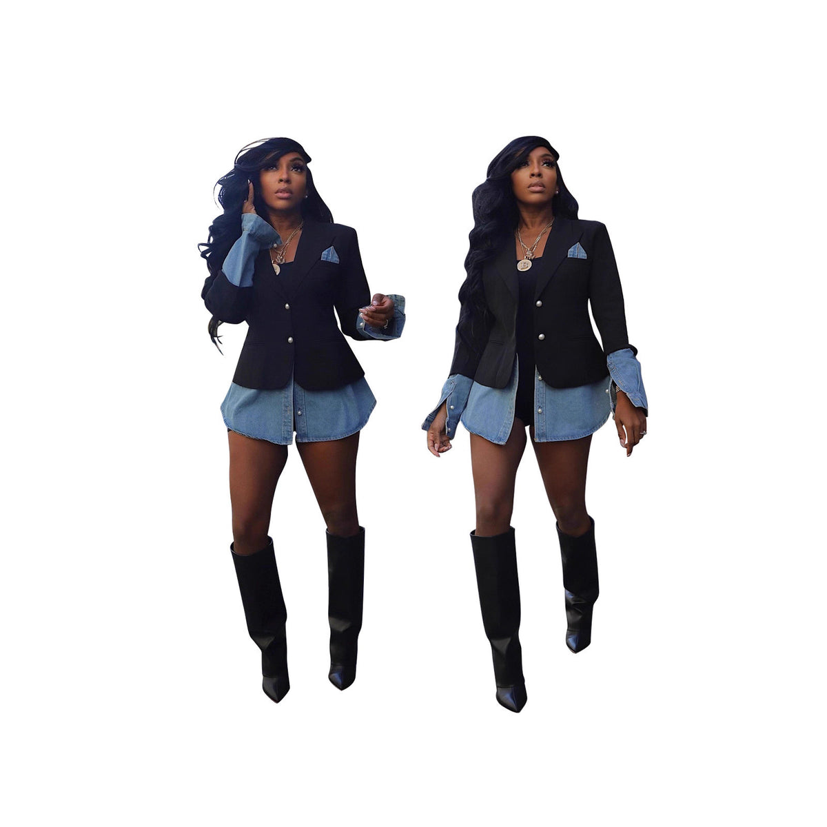Casual women's patchwork denim blazer coat from eprolo featuring a stylish, fitted design and classic denim fabric.