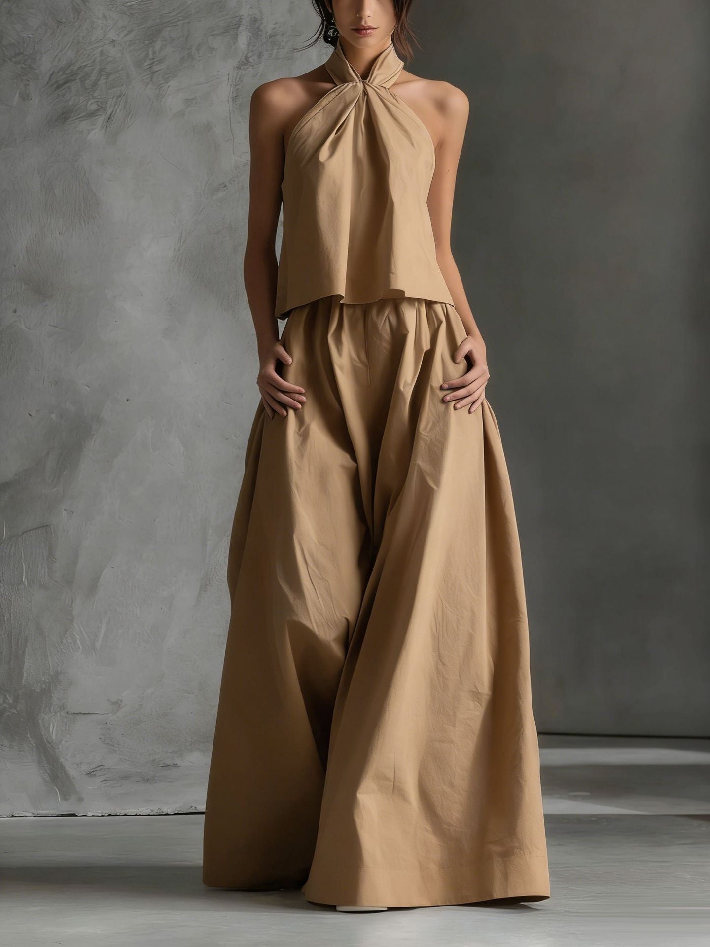 Women's sleeveless casual top and high-waist wide-leg pants set by Plush Fashion Hub in four colors, shown in a stylish outfit.
