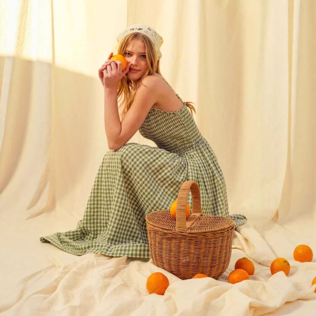 Women's retro plaid sleeveless A-line maxi dress with fitted waist and pleated skirt, casualwear by FitiqueFit.