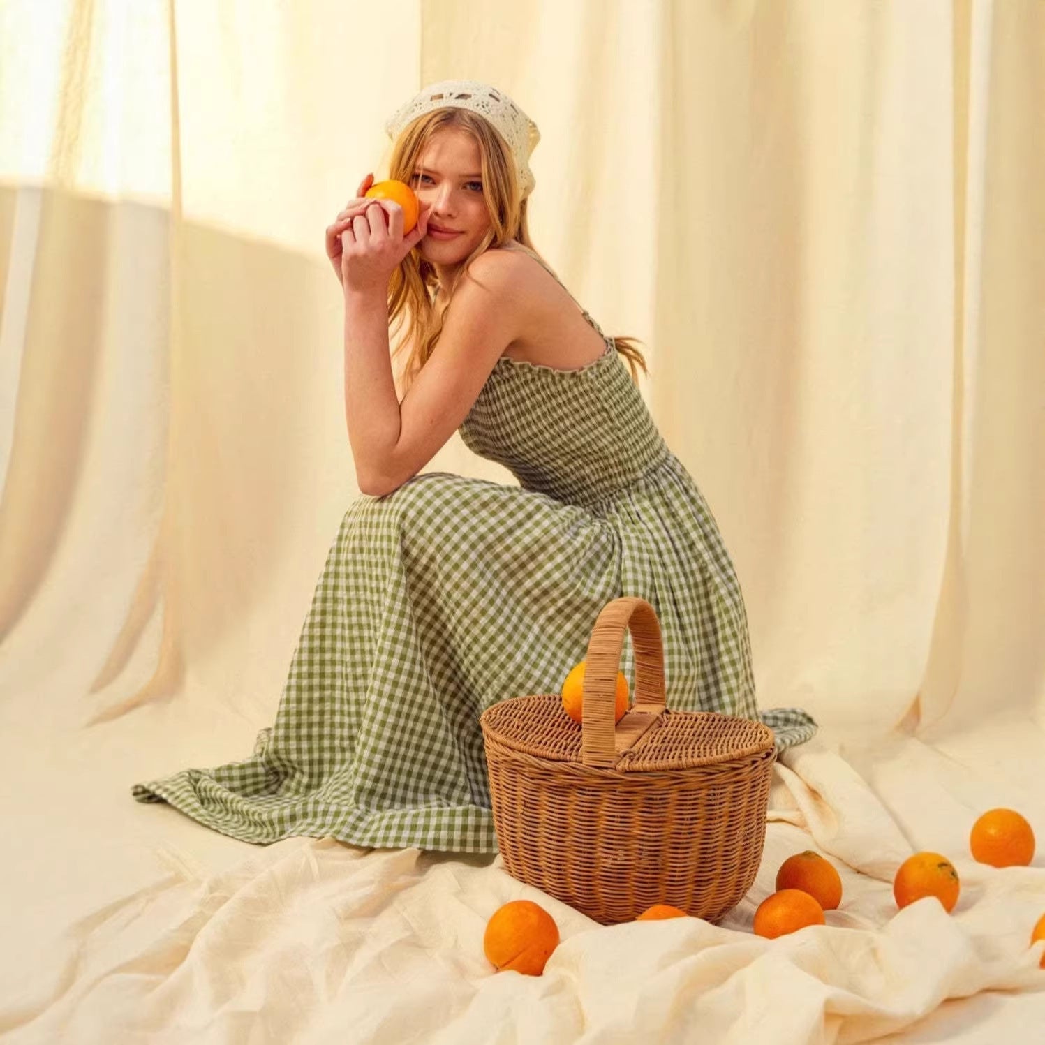 Women's retro plaid sleeveless A-line maxi dress with fitted waist and pleated skirt, casualwear by FitiqueFit.