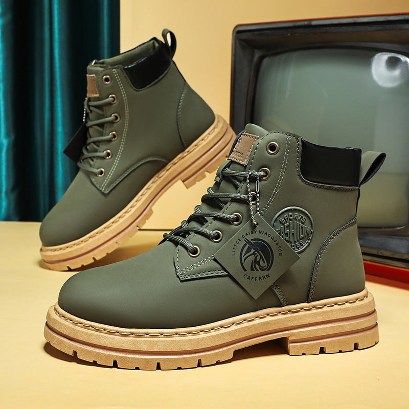 Olive green faux leather ankle boots with thick beige lug soles, black collars, and lace-up fronts.