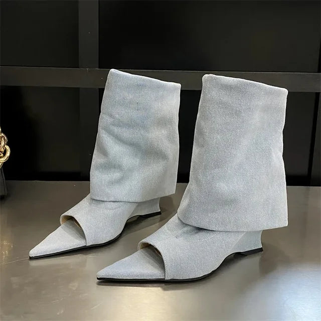 Elegant peep-toe knee-high wedge boots by eprolo with stylish design and sturdy wedge heel, perfect for fashion-forward footwear.
