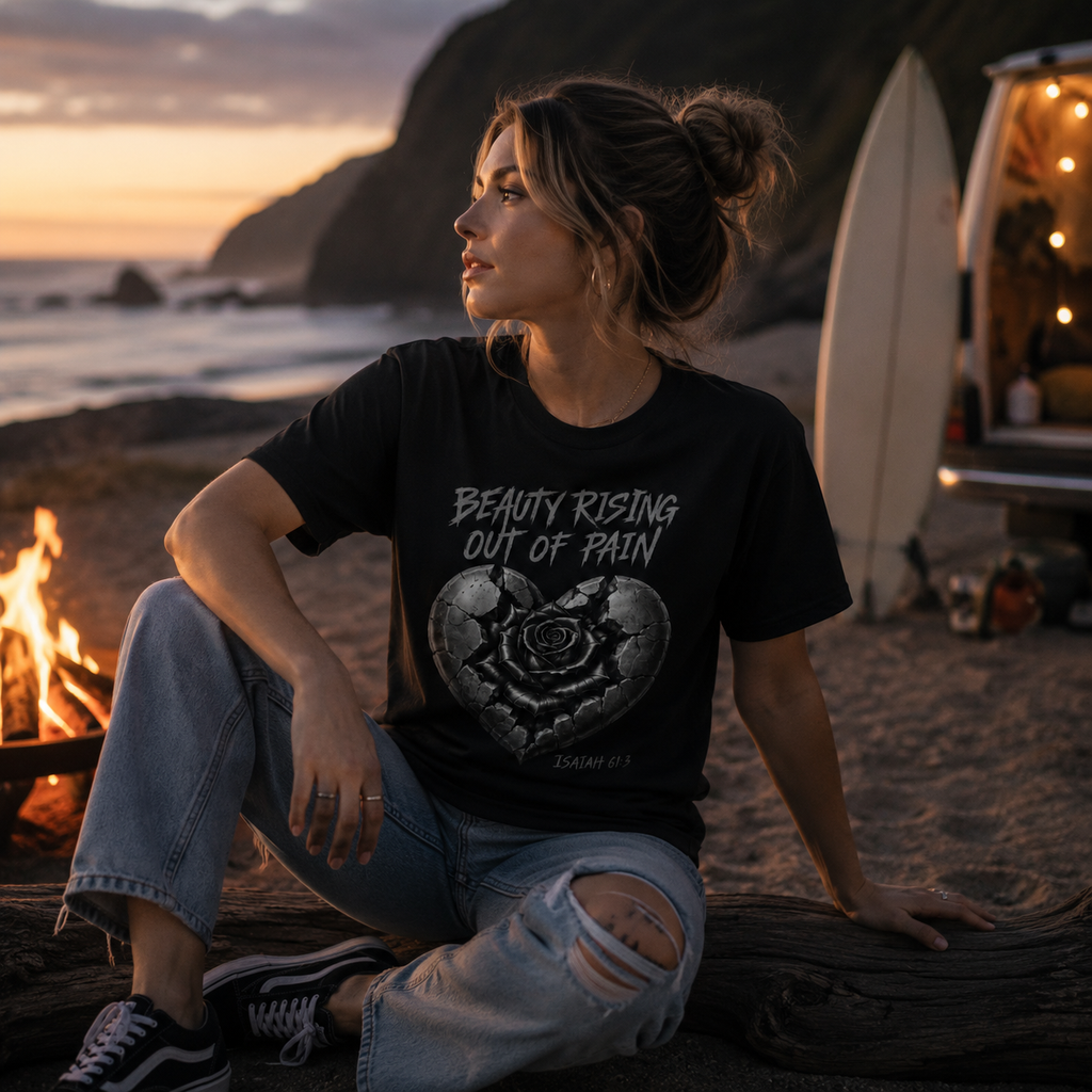 Wear Your Worship Beauty Rising Out of Pain T-shirt featuring Isaiah 61:3 design from SEEN. Her. Collection, displayed on a black fabric tee.
