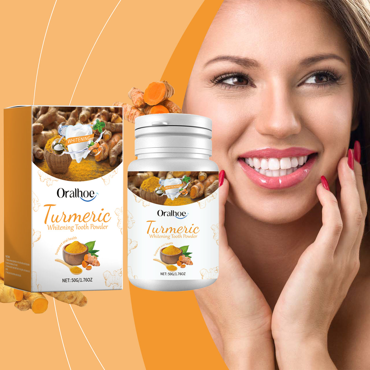 Eprolo Oralhoe white turmeric tooth cleaning powder with yellow teeth stain removal and fresh breath care, mouth cleaning accessories.