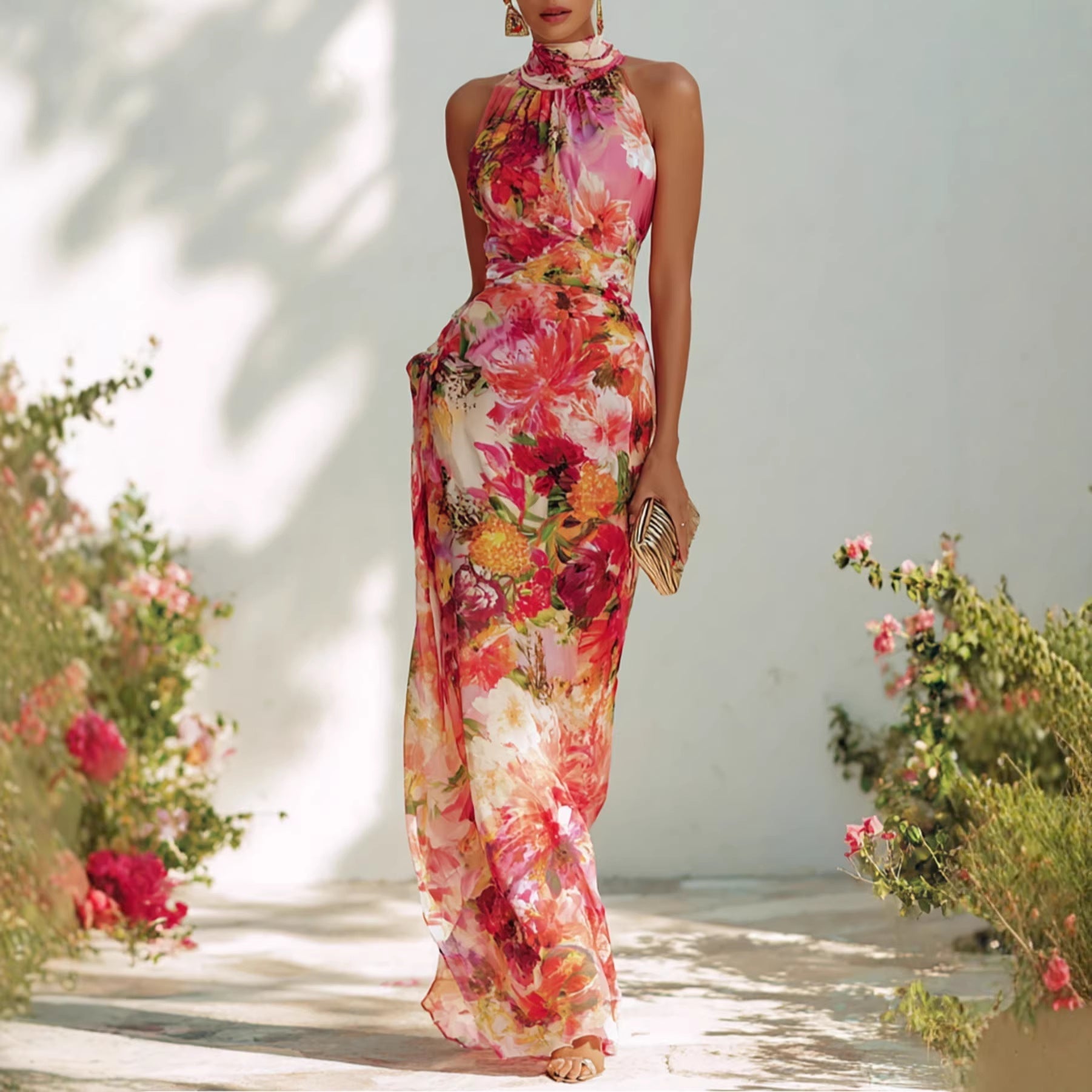 Floral strapless chiffon maxi dress by FitiqueFit, featuring a high-waist A-line design and elegant long flowy silhouette.
