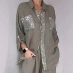 Women's Sequin Pocket Button-Up Shirt & Wide-Leg Pants Set