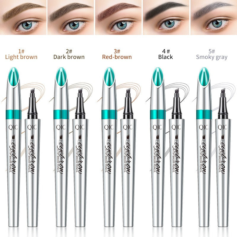 Five silver plastic 4-tip eyebrow pens with turquoise accents shown with color shades.