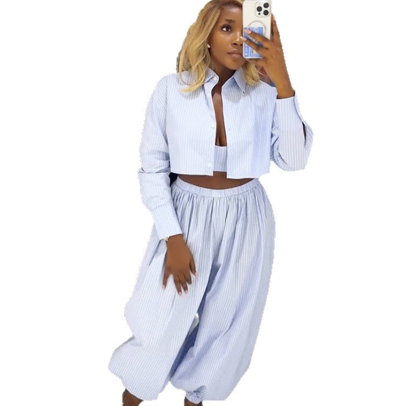 Coastal Chic Striped Strapless Top and Wide Leg Pant Set