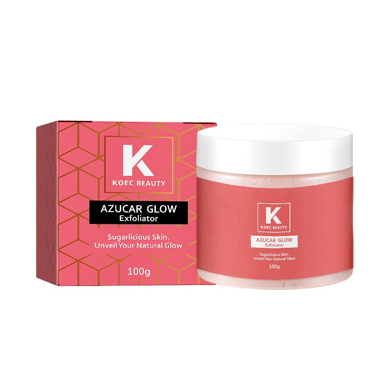 Pink plastic jar of Azucar Glow Exfoliator with white lid and matching box featuring a geometric pattern.