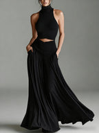 Style Sleeveless High Neck Top with Elegant Long Dress Two-Piece Set