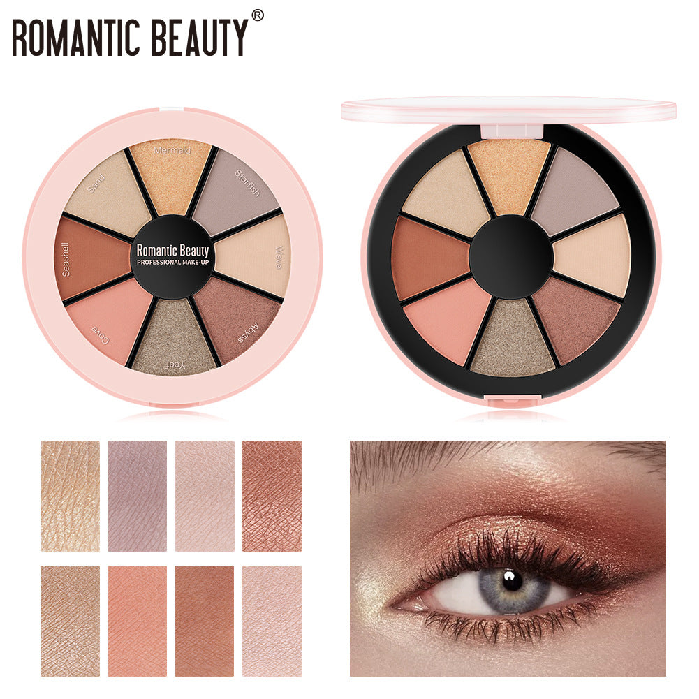Pink round eyeshadow palette with eight wedge-shaped pans containing neutral and metallic shades, plus swatches and a completed look.