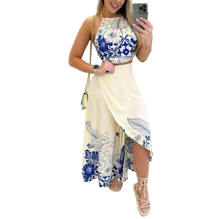 Backless hanging neck long skirt two-piece set by Plush Fashion Hub featuring a stylish, elegant design with flowing fabric.