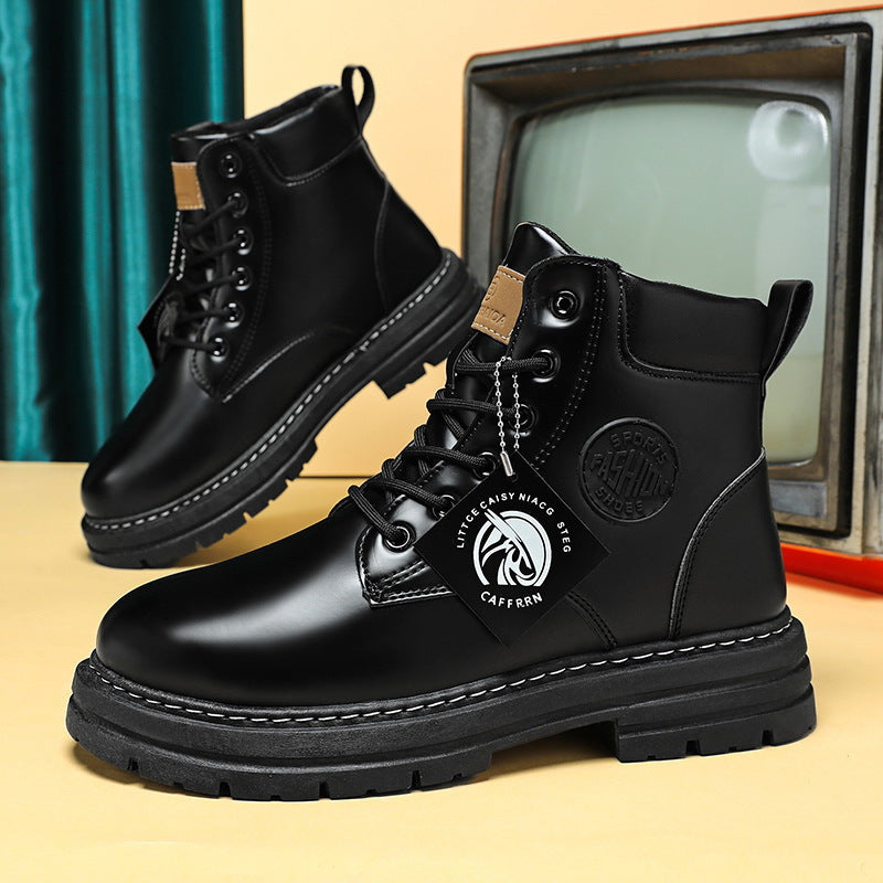 Black leather ankle boots with thick lug soles, lace-up front, heel loops, and round toes.