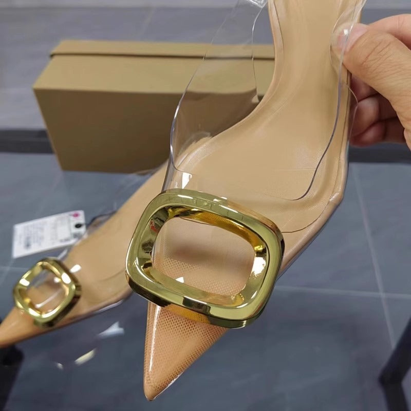 Plush Fashion Hub Lucent stiletto heels with metal buckle, sleek design, pointed toe, and high heel for elegant style.