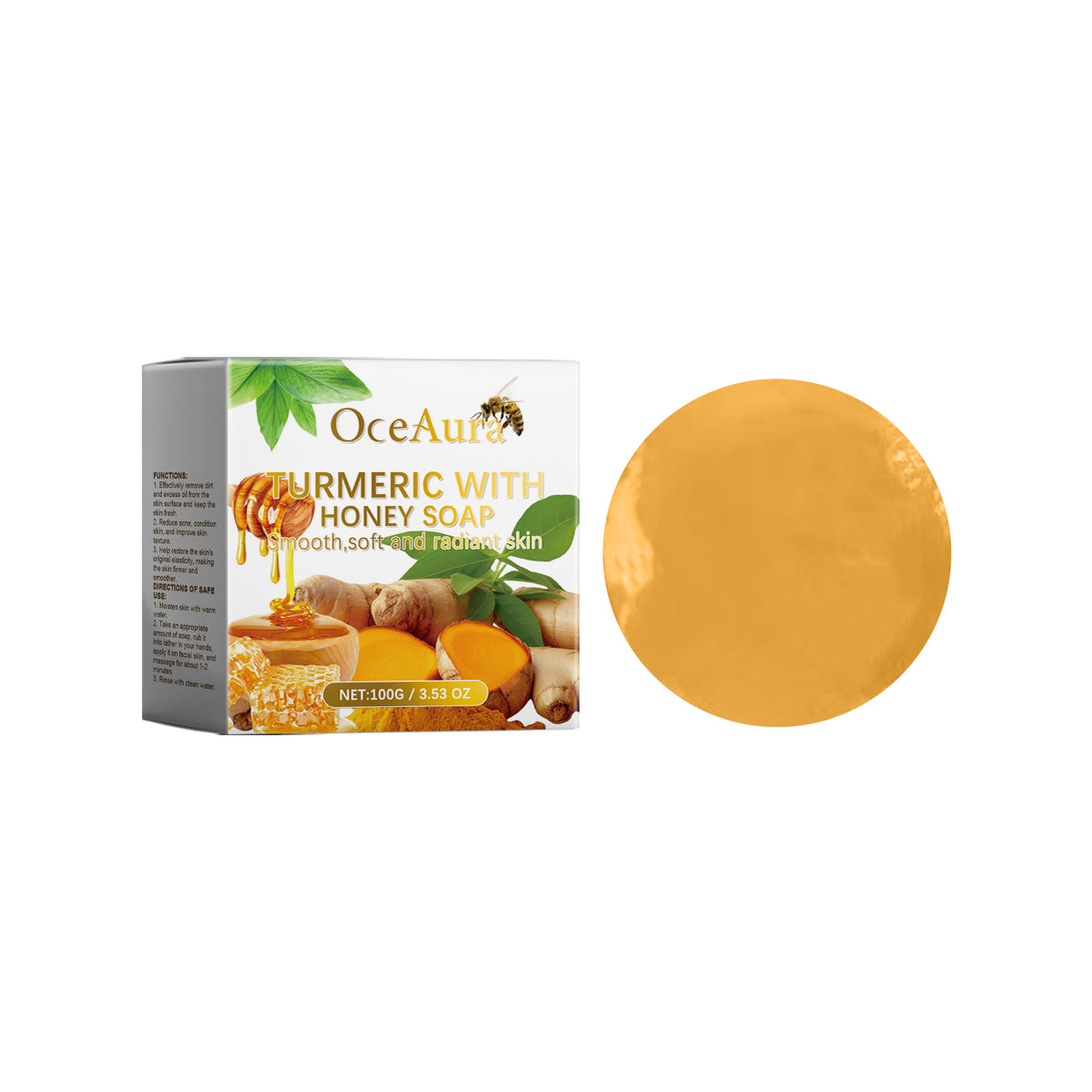 OceAura turmeric with honey soap box with illustrations of honey, bee, and ginger roots next to a circular yellow soap.