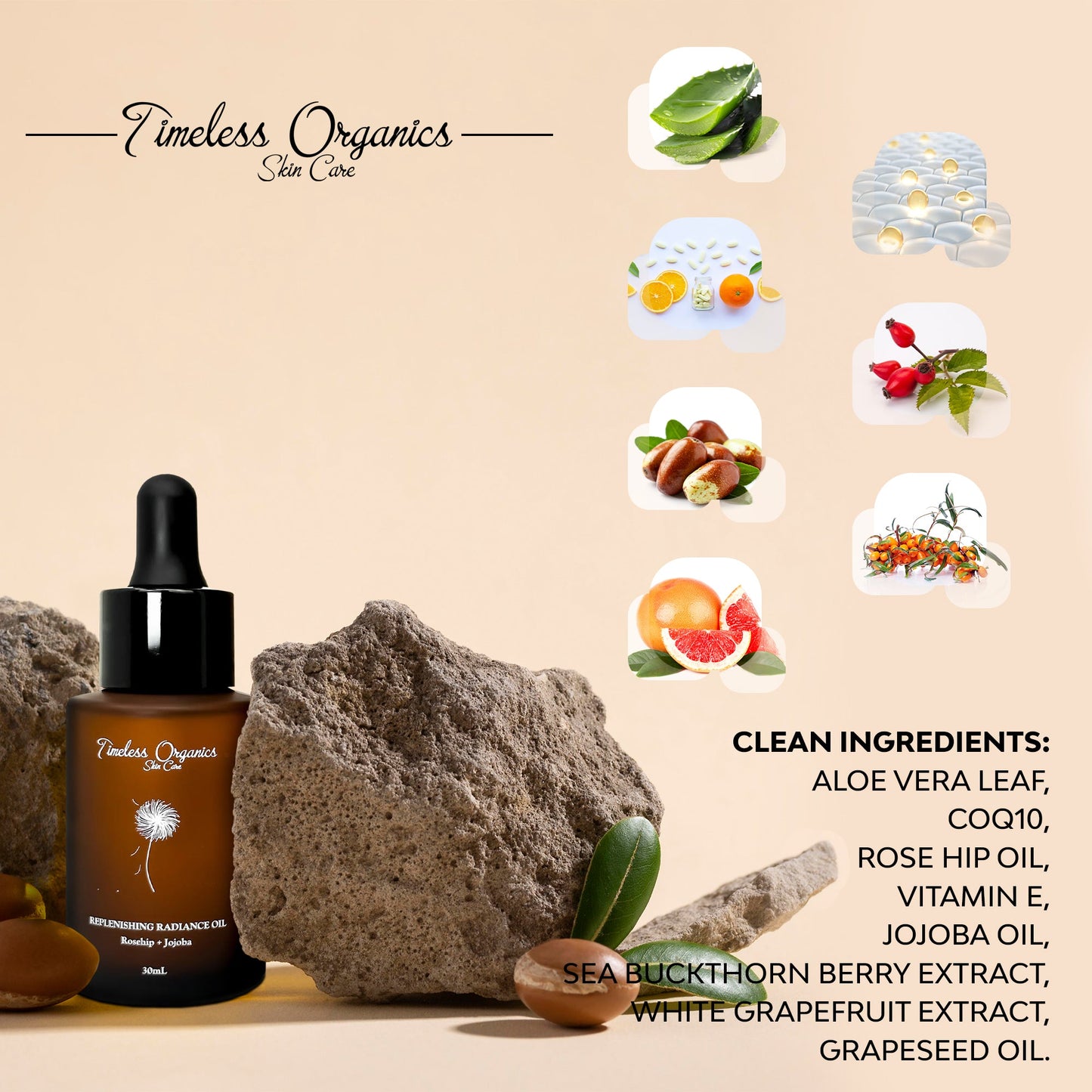 Replenishing Radiance Oil serum by Plush Fashion Hub with a sleek glass bottle and dropper for nourishing skin care.