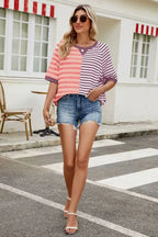 Striped round neck half sleeve T-shirt from Trendsi, casual tops featuring a colorful striped pattern and comfortable fit.